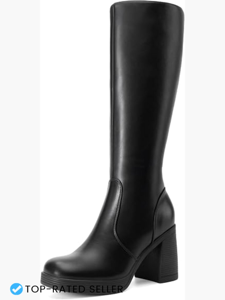 Knee High Platform Boots Chunky Block Heel Square Toe Side Zipper